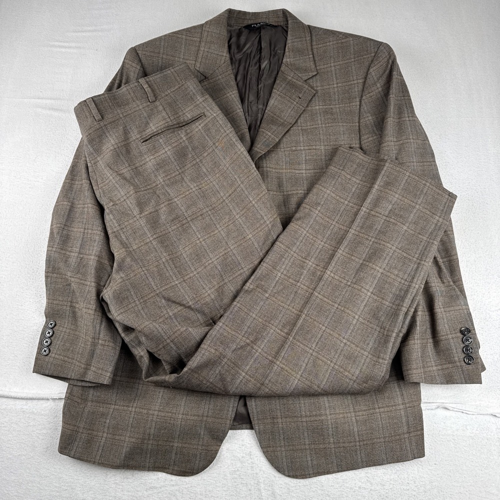 Jos A Bank Brown Windowpane 2-Piece Wool Suit 44R Pants fit 35*31 Office
